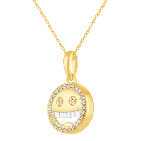 1/10 Cttw CZ EMOJI Smiling Face Pendant Necklace set in 925 Sterling Silver Yellow Gold