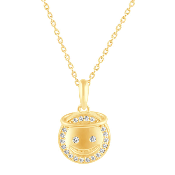 1/10 Cttw CZ EMOJI Smiling face with halo Pendant Necklace set in 925 Sterling Silver Yellow Gold