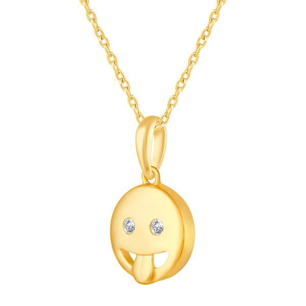 1/20 Cttw CZ EMOJI Face with tongue Pendant Necklace set in 925 Sterling Silver Yellow Gold