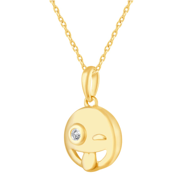 1/20 Cttw CZ EMOJI Winking face with tongue Pendant Necklace set in 925 Sterling Silver Yellow Gold