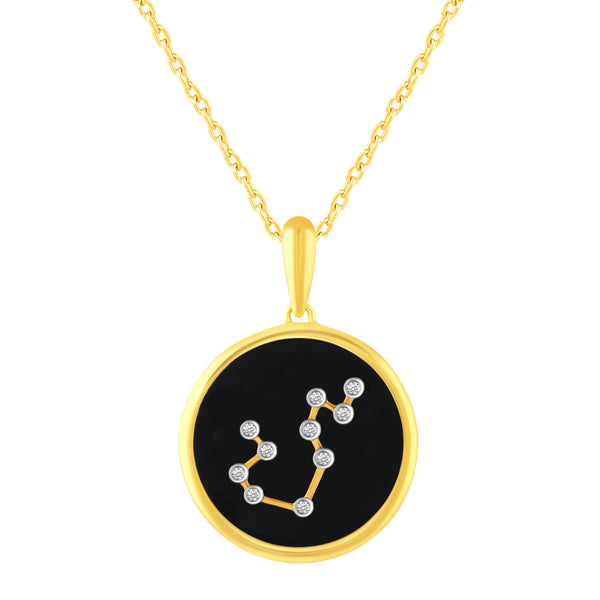 1/20 Cttw CZ Zodiac Black Enamel Astrology Pendant Necklace set in 925 Sterling Silver Yellow Gold  AQUARIUS