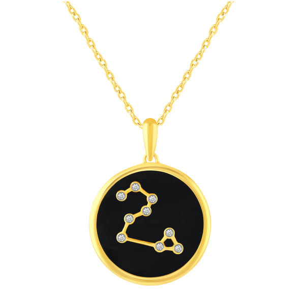 1/20 Cttw CZ Zodiac Black Enamel Astrology Pendant Necklace set in 925 Sterling Silver Yellow Gold LEO