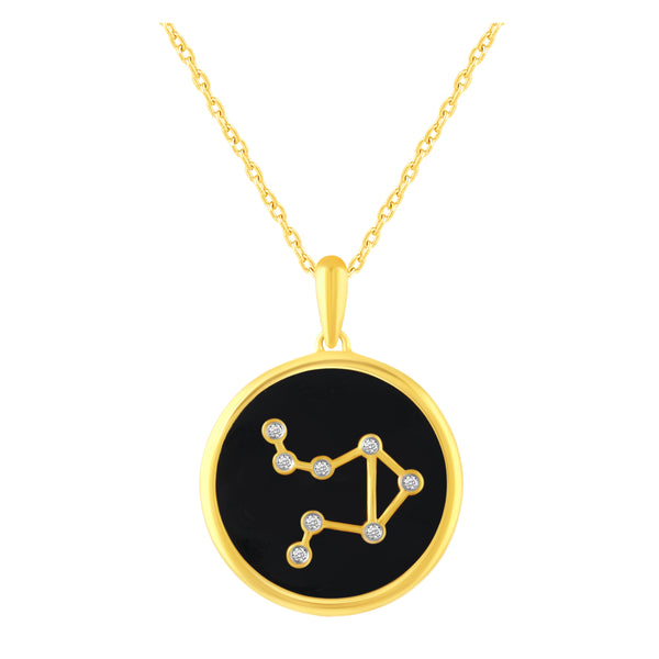 1/20 Cttw CZ Zodiac Black Enamel Astrology Pendant Necklace set in 925 Sterling Silver Yellow Gold LIBRA