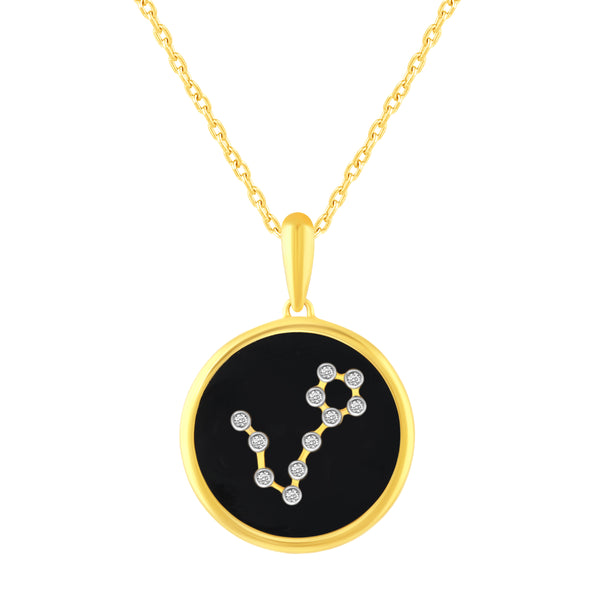 1/20 Cttw CZ Zodiac Black Enamel Astrology Pendant Necklace set in 925 Sterling Silver Yellow Gold  PISCES