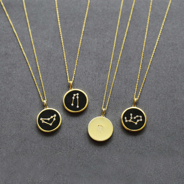 1/20 Cttw CZ Zodiac Black Enamel Astrology Pendant Necklace set in 925 Sterling Silver Yellow Gold