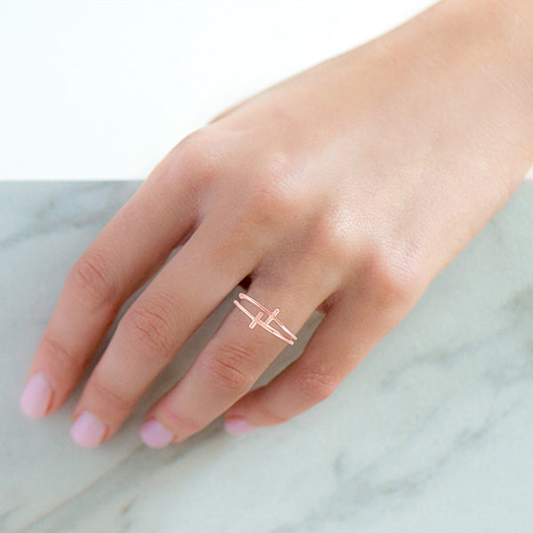 Double Duo Cross Plain Classical Simple Ring in 925 Sterling Silver Pink Rose Gold - Prime and Pure