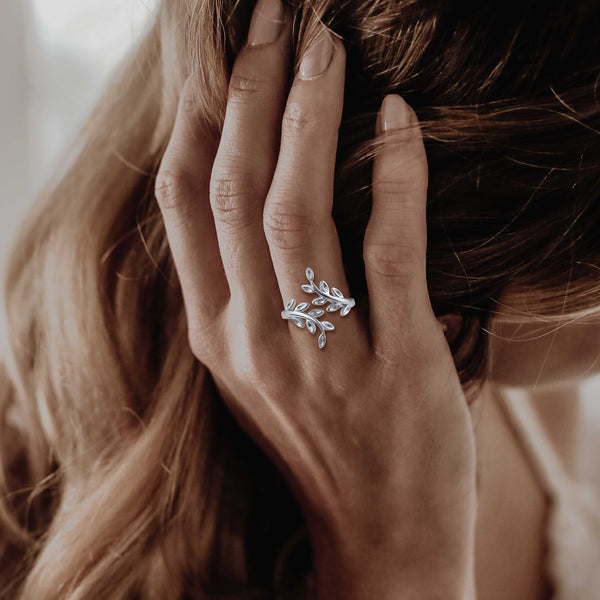 Olive Branch Leaf Wrap Ring in 925 Sterling Silver