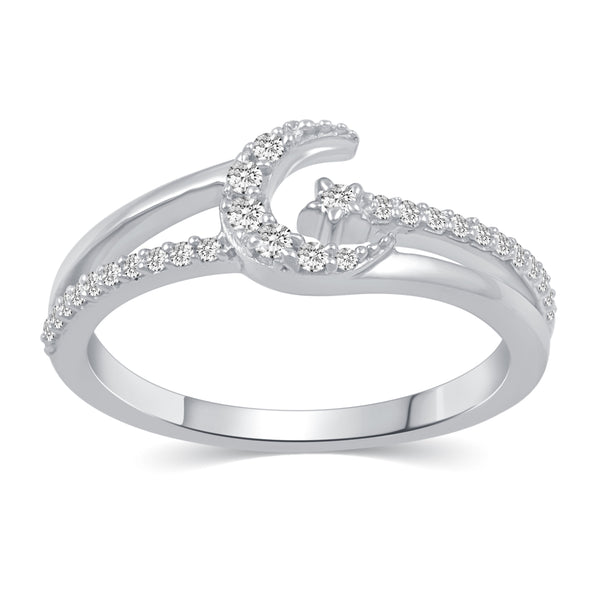 Crescent Moon Star Ring Split Pave Shank Band in 925 Sterling Silver Jewelry