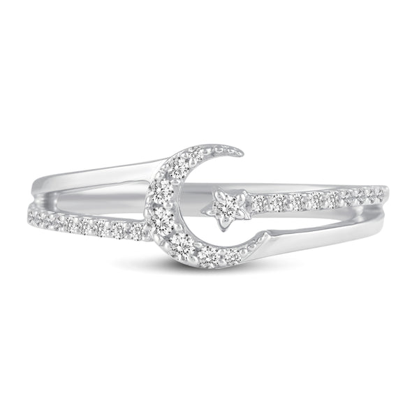 Crescent Moon Star Ring Split Pave Shank Band in 925 Sterling Silver Jewelry