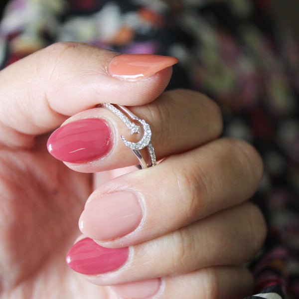 Crescent Moon Star Ring Split Pave Shank Band in 925 Sterling Silver