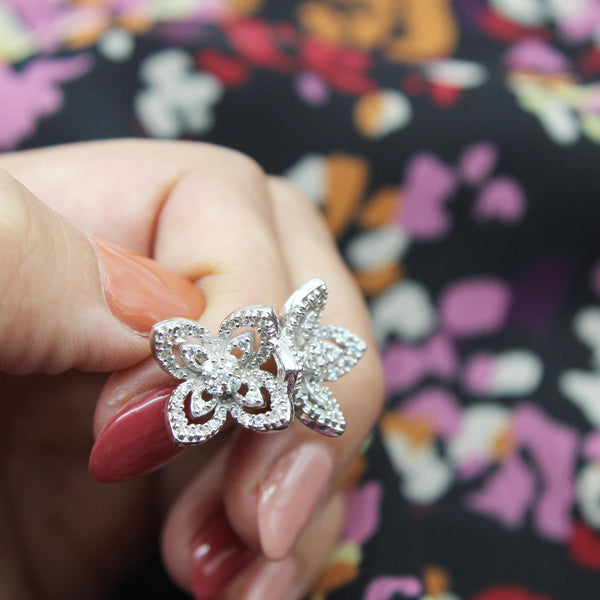 Splendid Duo Flower Double Butterfly Pave Ring in 925 Sterling Silver