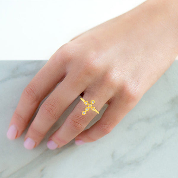 Cross Religious Symbol Ring in 925 Sterling Silver Yellow Gold - Prime and Pure