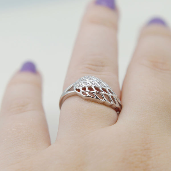 Open Angel Wing Feather Pave Ring in 925 Sterling Silver