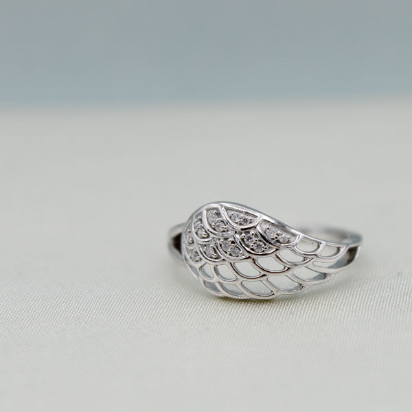 Open Angel Wing Feather Pave Ring in 925 Sterling Silver