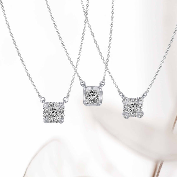 Princess Cut Halo Pendant Necklace set in 925 Sterling Silver (Select Design)