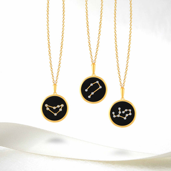 1/20 Cttw CZ Zodiac Black Enamel Astrology Pendant Necklace set in 925 Sterling Silver Yellow Gold